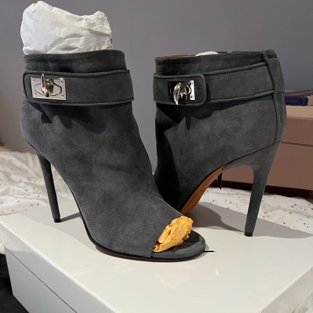 Givenchy Gray Suede Shark-Lock Open Toe Bootie - image 1